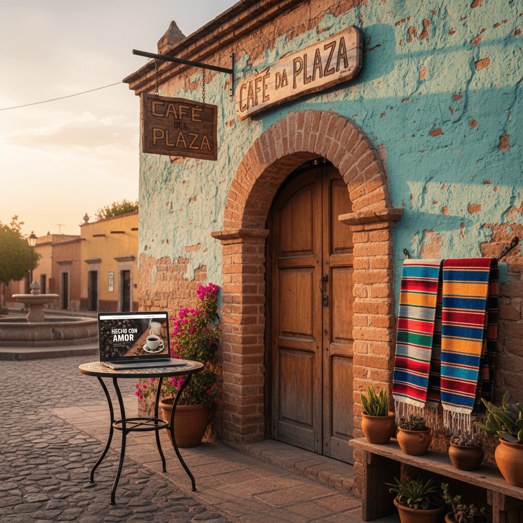 Fachada de negocio local con laptop mostrando sitio web limpio en ambiente cálido