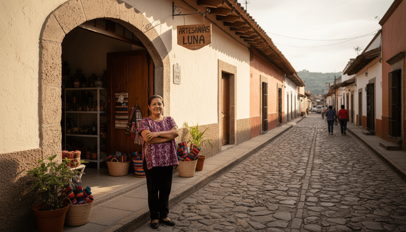 Dueño de un negocio local de pie frente a su tienda en una calle de Jalisco por la mañana