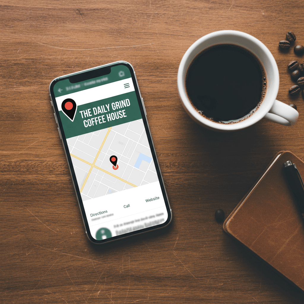 Teléfono inteligente mostrando perfil de negocio en Google Maps sobre un escritorio