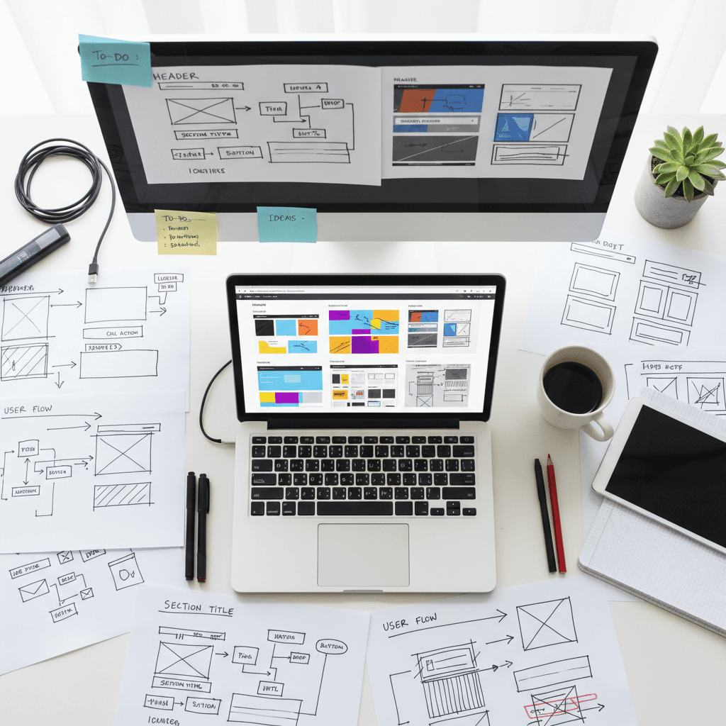 Vista superior de escritorio con bocetos de diseño web y laptop