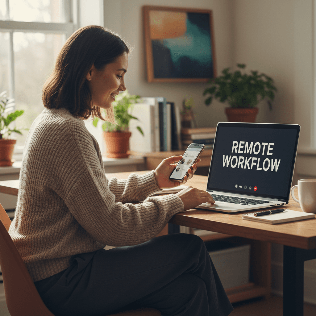 Persona respondiendo mensajes en su celular frente a una laptop