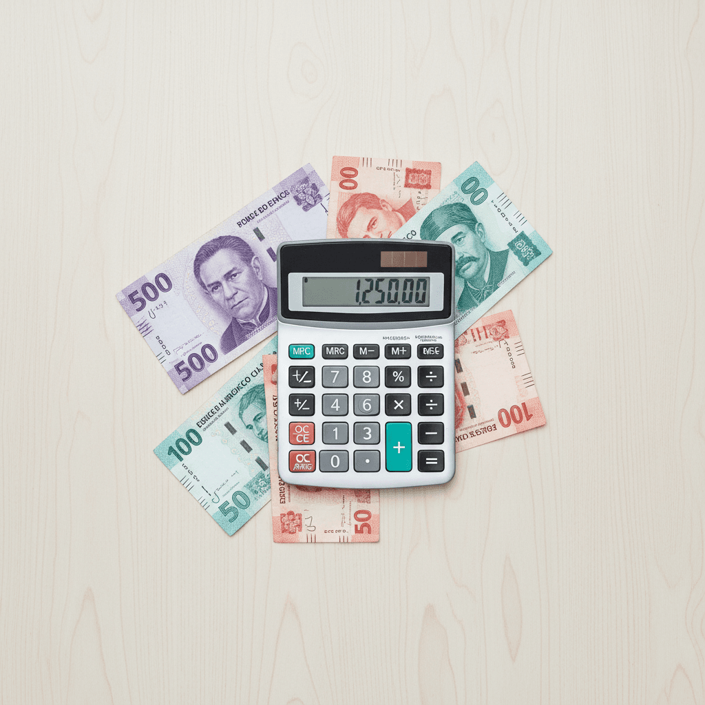 Calculadora y billetes mexicanos sobre un escritorio de madera