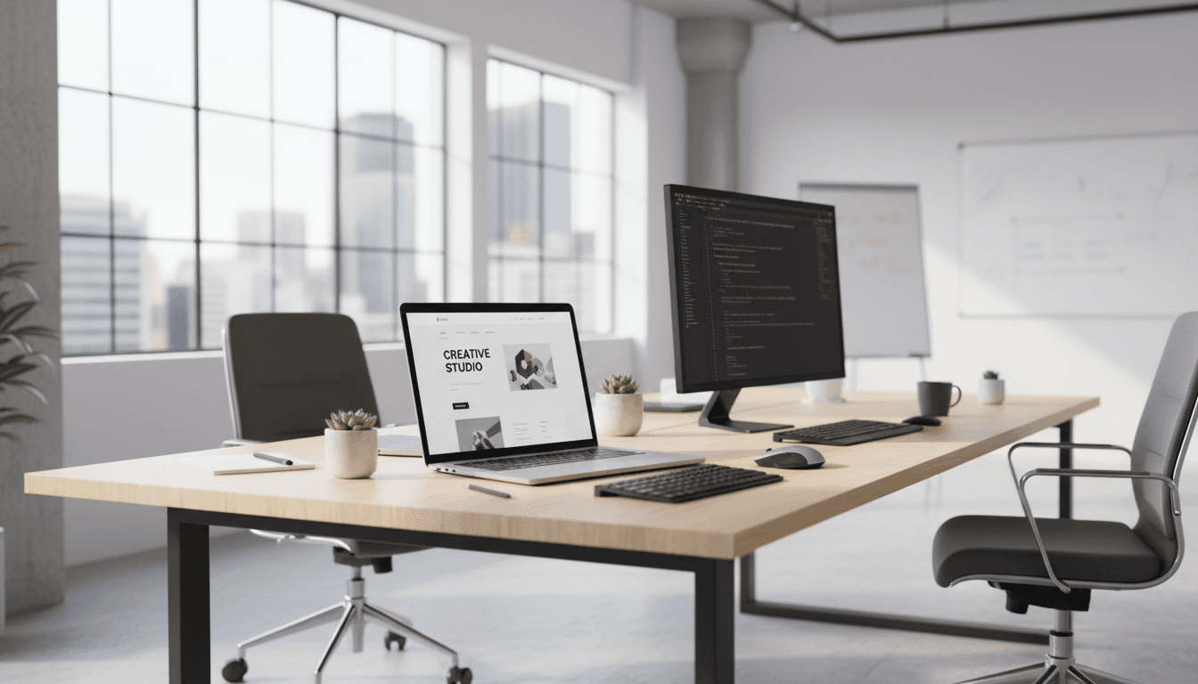 Escritorio de diseño web con laptop mostrando el diseño de un sitio web en una oficina moderna