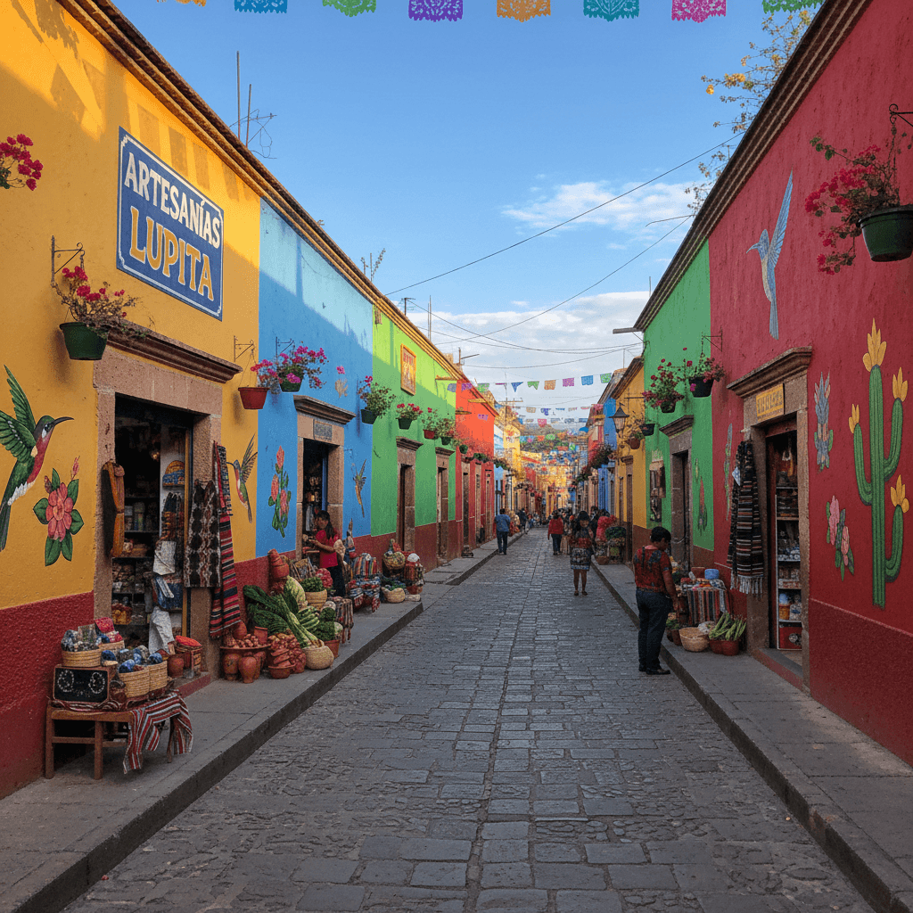 Calle de pueblo con negocios locales en Jalisco