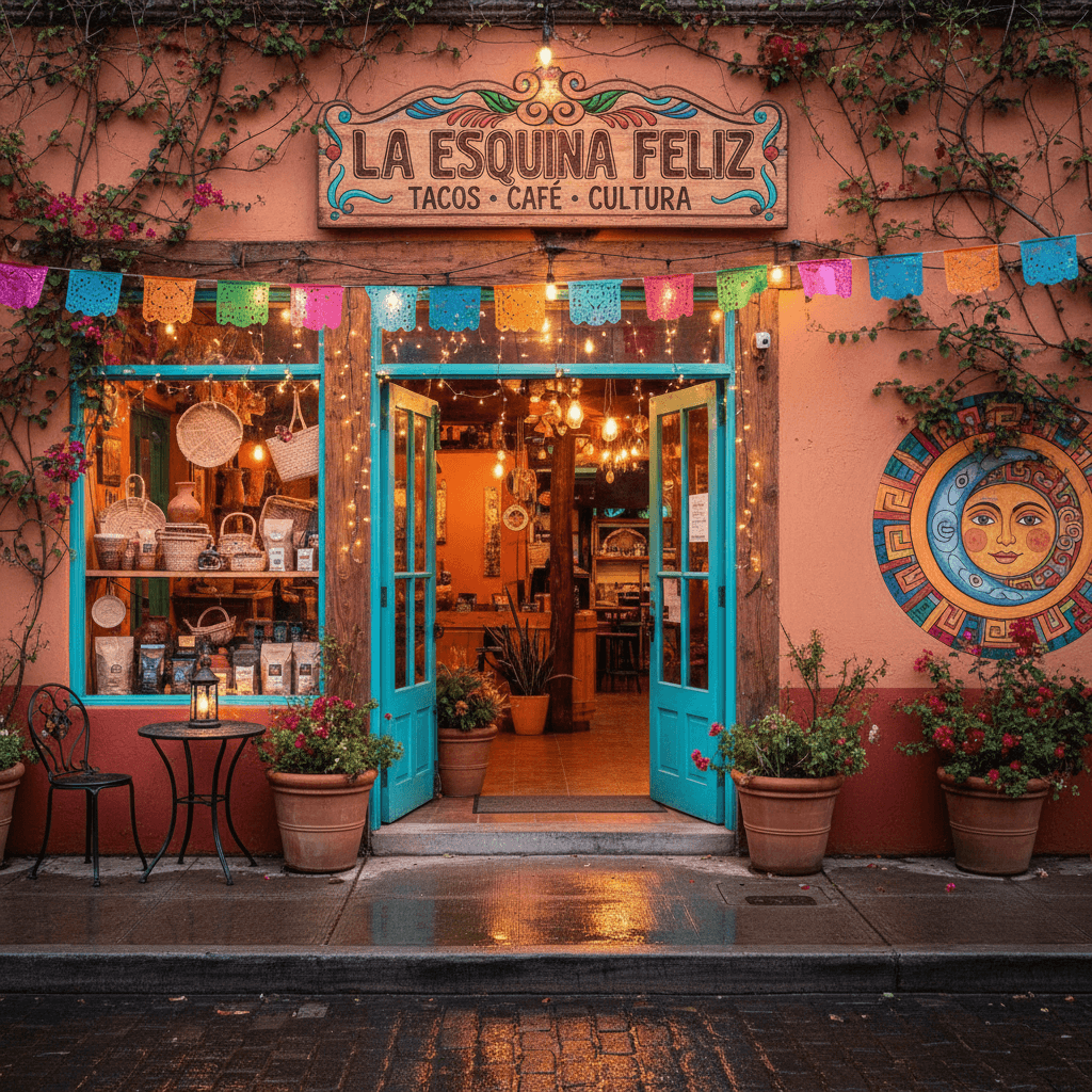 Fachada de un negocio local con entrada cálida y acogedora