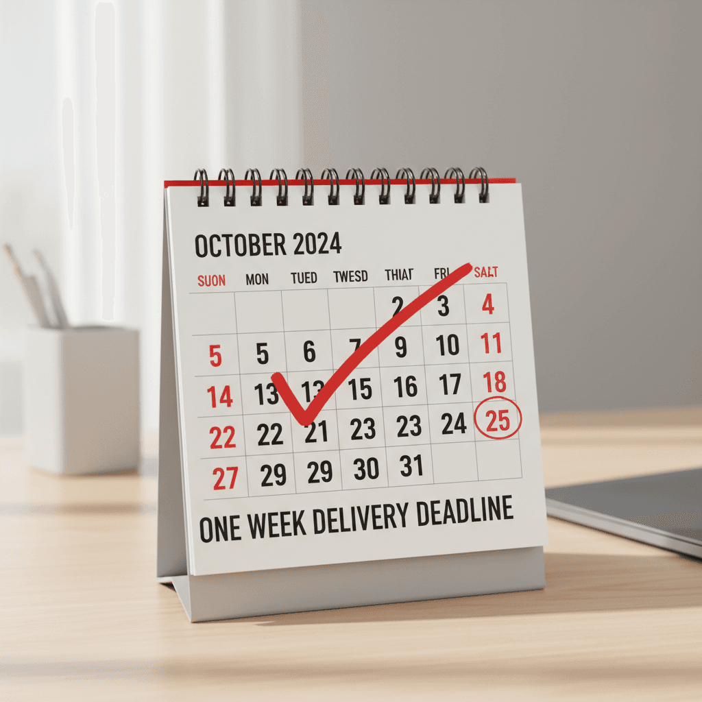 Calendario con marca de verificación indicando entrega en una semana