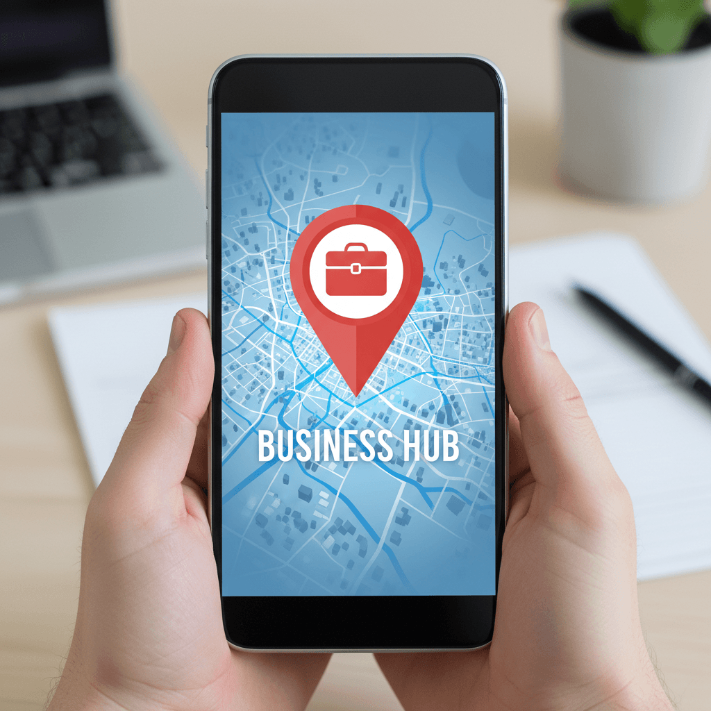 Ubicación de negocio marcada con pin en mapa digital en pantalla de teléfono
