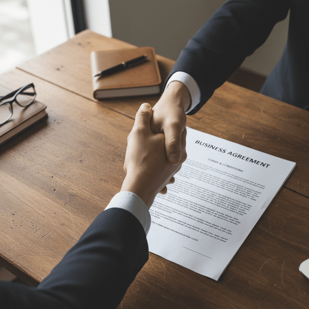 Apretón de manos sobre documento de contrato en escritorio