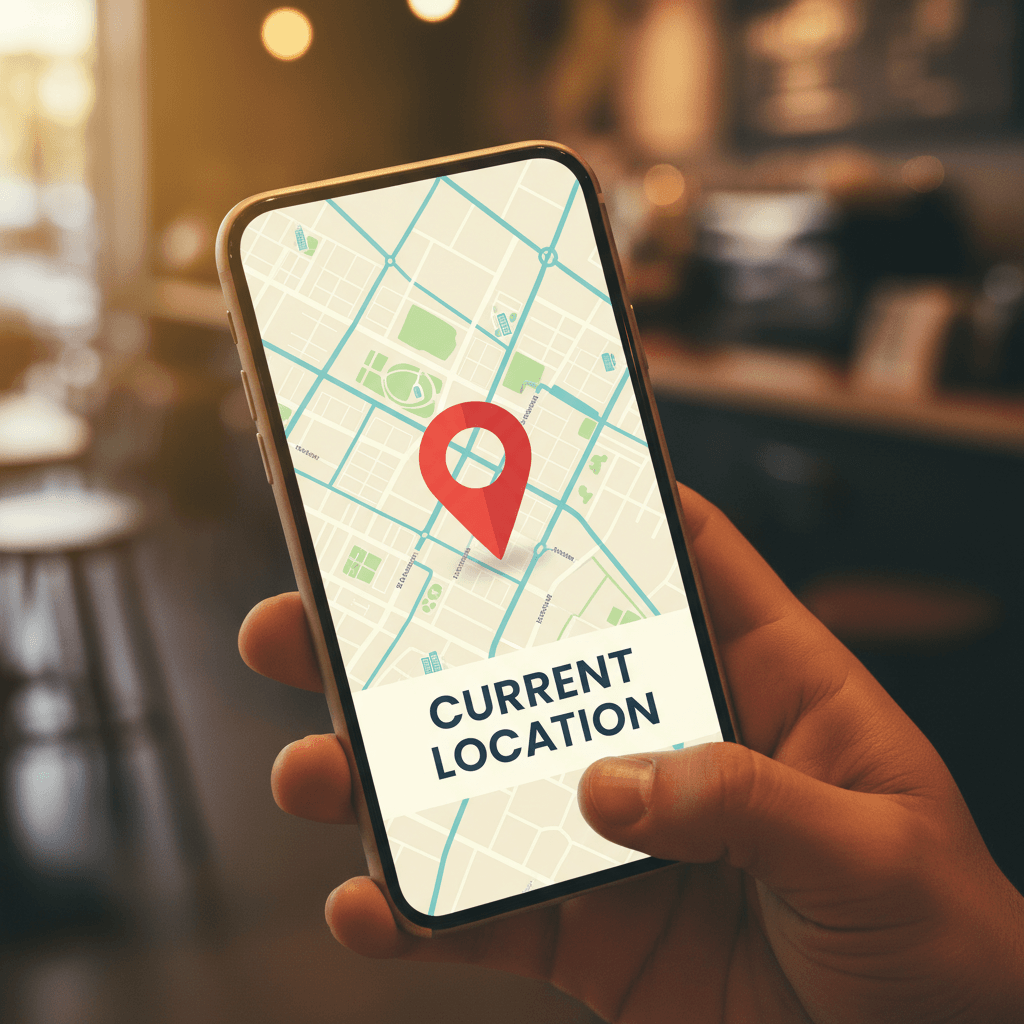Mano sosteniendo un teléfono con mapa y ubicación en la pantalla