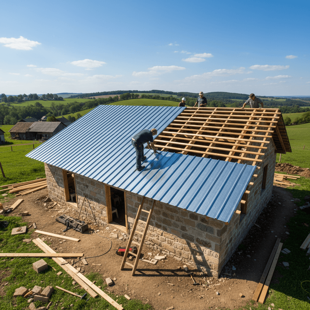 Techo de lámina galvanizada recién instalado en una construcción