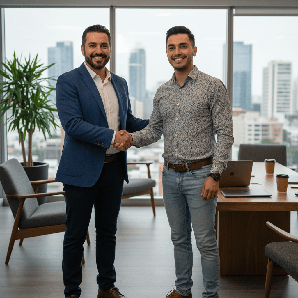 Apretón de manos entre empresario y emprendedor en oficina casual