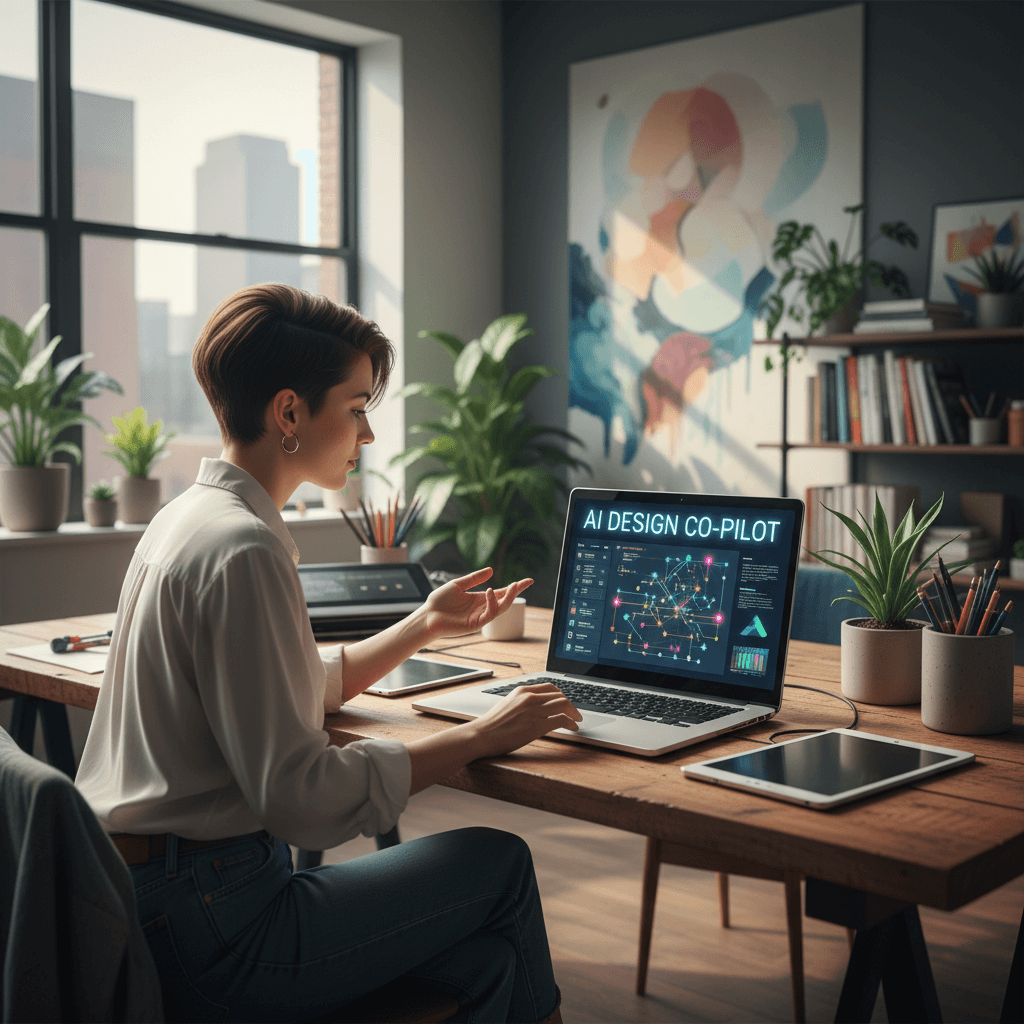 Diseñador trabajando con herramientas de IA en una laptop