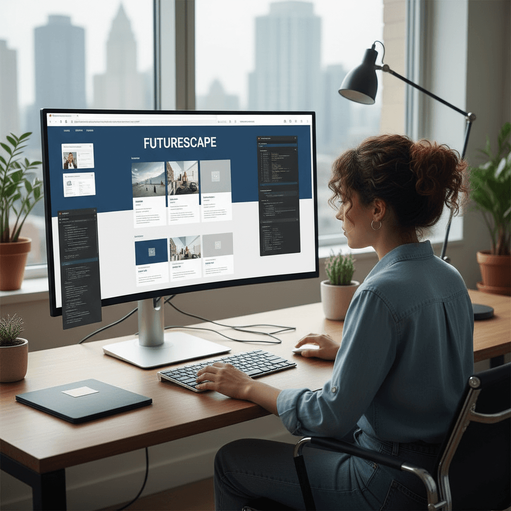 Diseñador web revisando el diseño de un sitio en un monitor grande