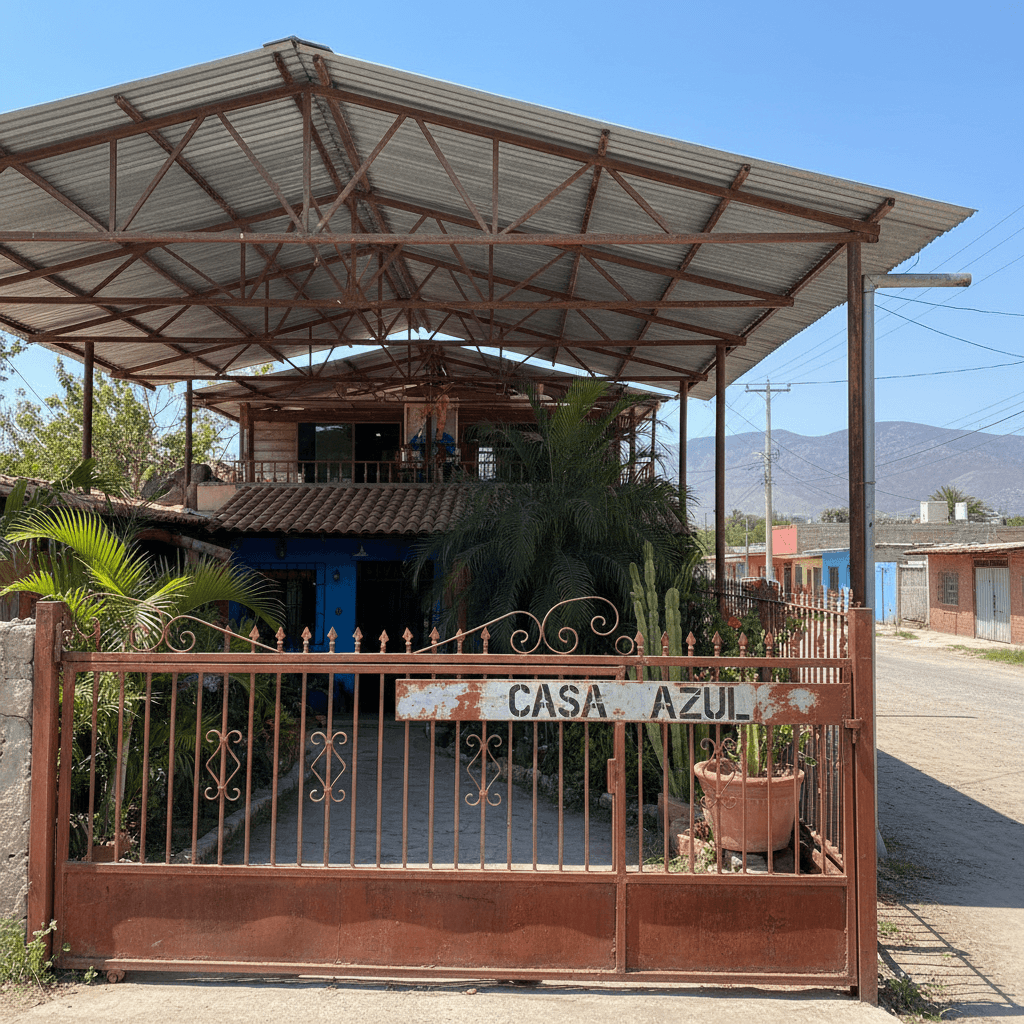 Cerca metálica y estructura de techo en una propiedad residencial