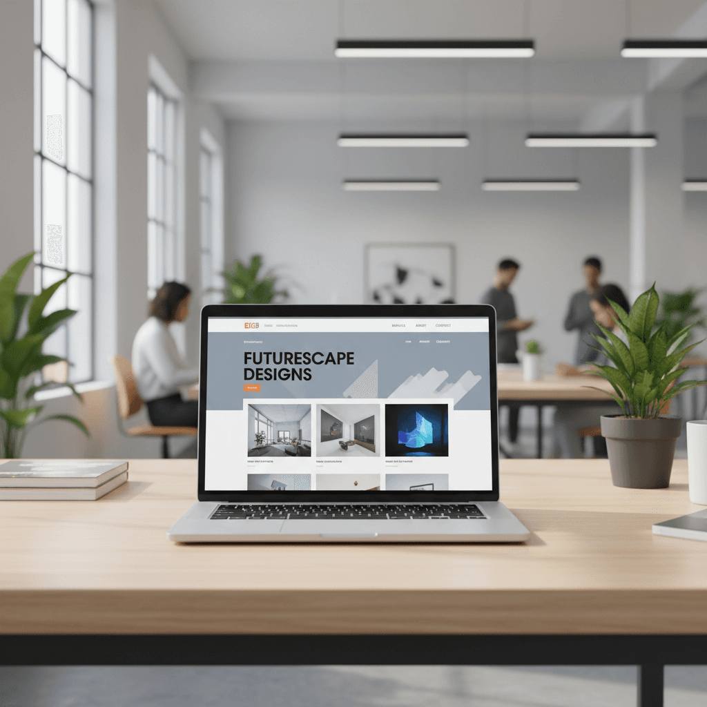 Diseño web moderno en pantalla de laptop en oficina iluminada