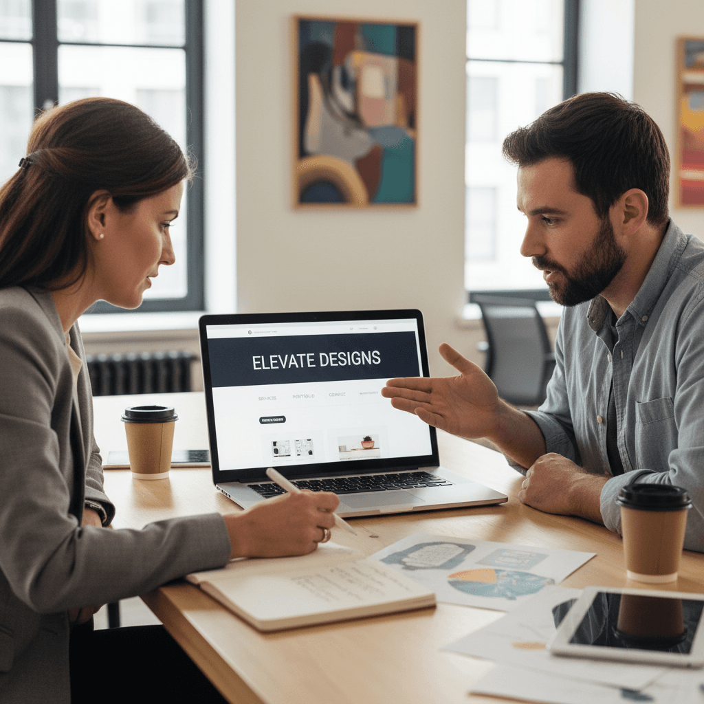 Cliente revisando el diseño de su página web junto al diseñador