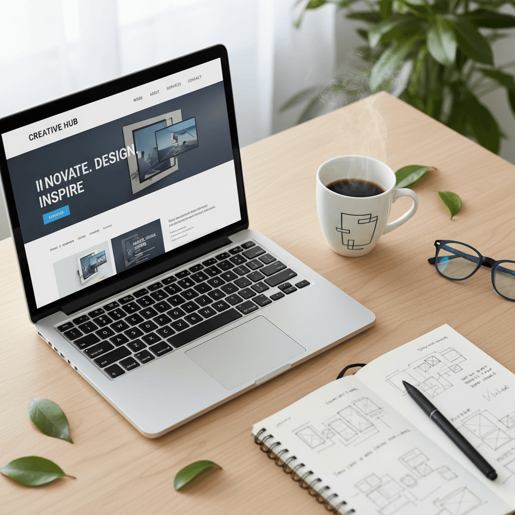 Laptop con diseño de página web en un escritorio con café