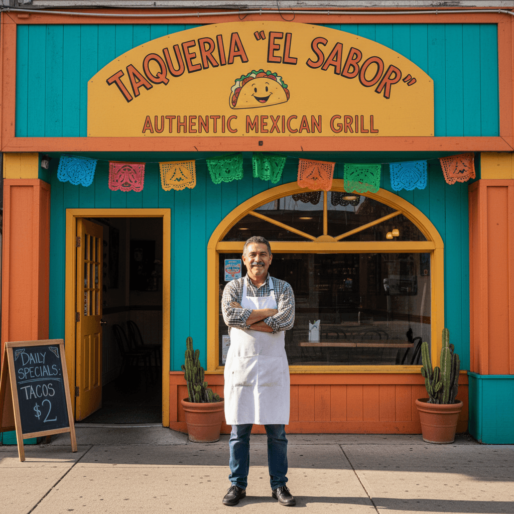 Dueño de un pequeño negocio local frente a su local comercial
