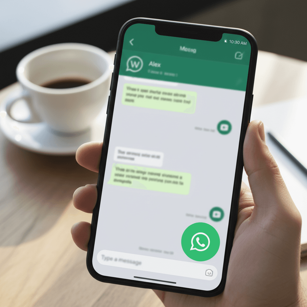 Teléfono mostrando conversación de WhatsApp con burbuja de mensaje
