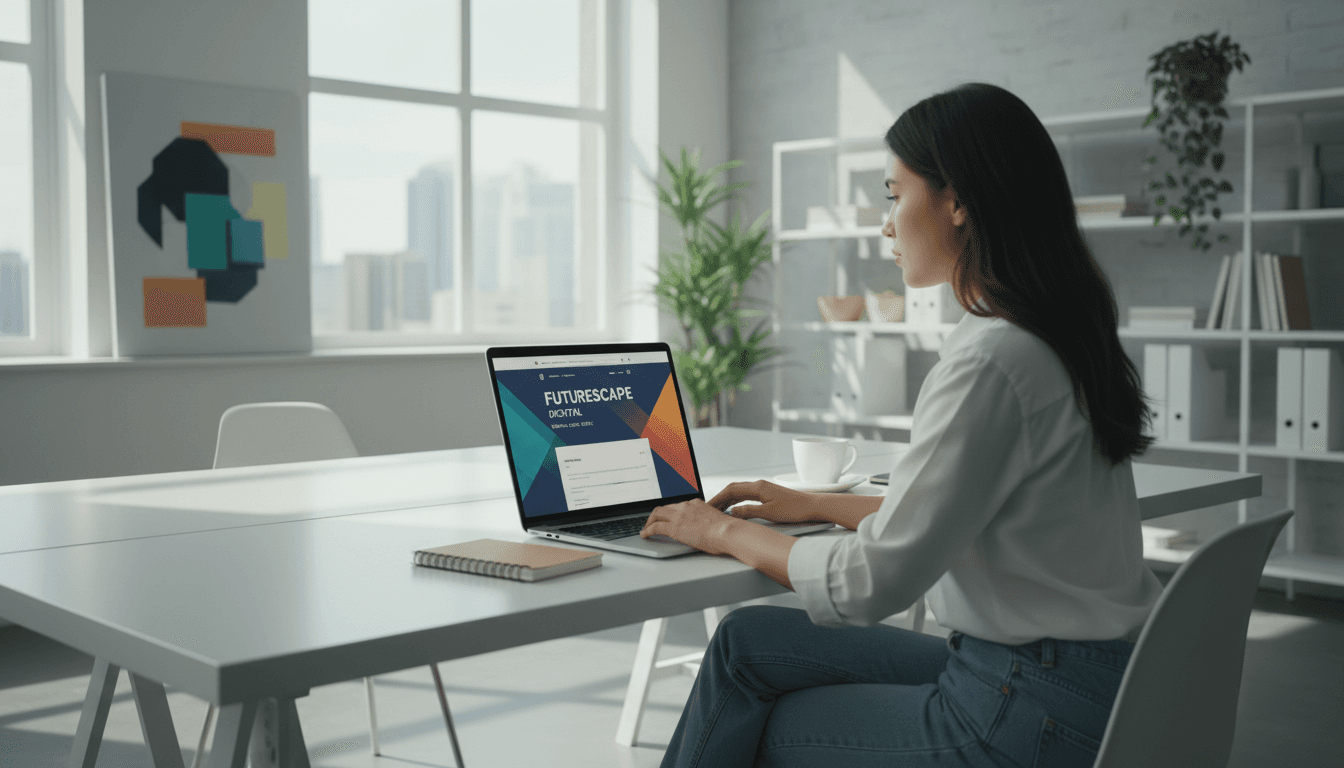 Professional web designer working on a laptop in a bright modern office