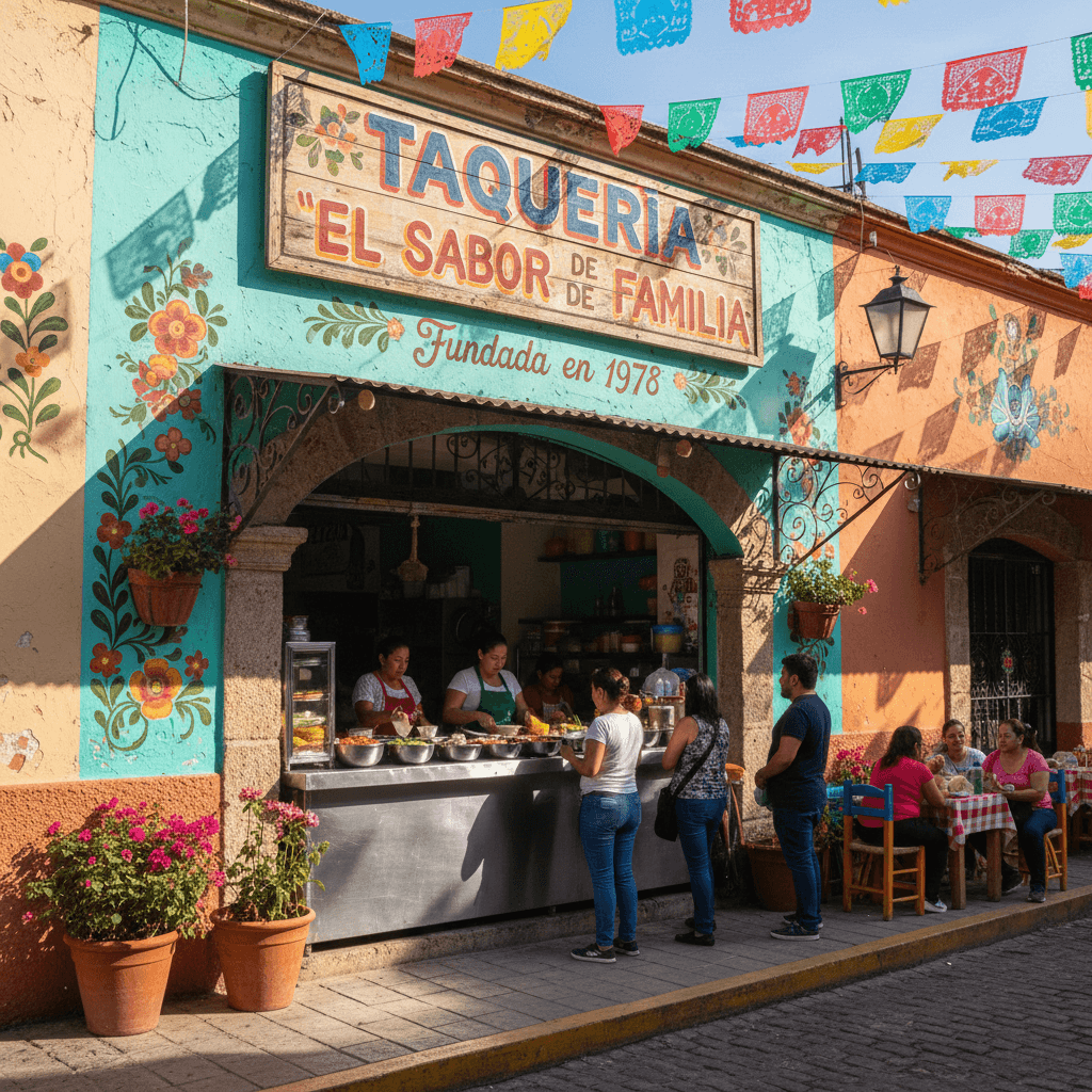 Fachada de taquería local en México