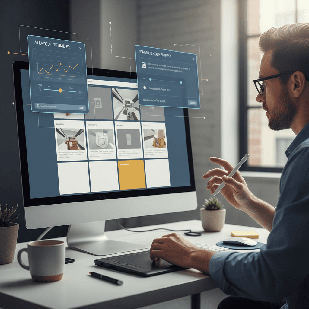 Diseñador web trabajando con herramientas de IA en una laptop con página web