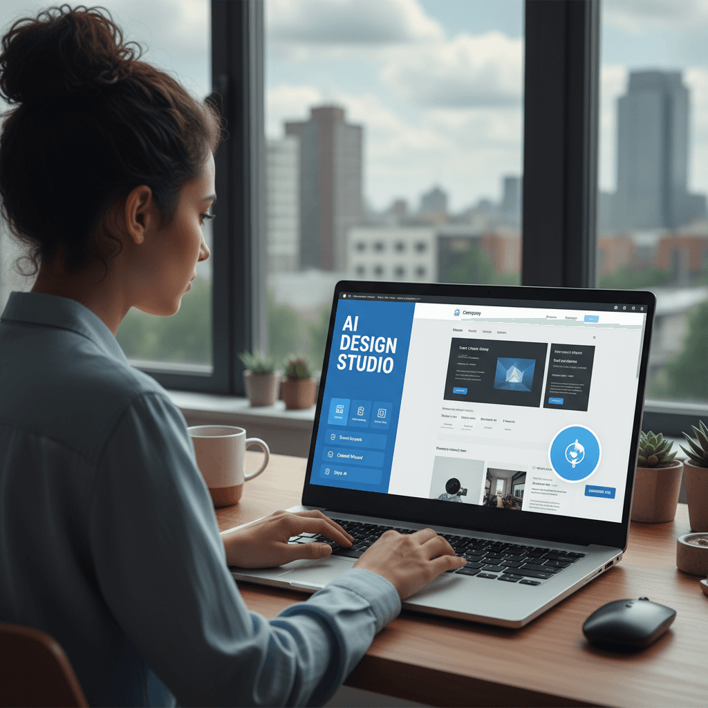 Diseñador web trabajando en una laptop con un constructor de sitios