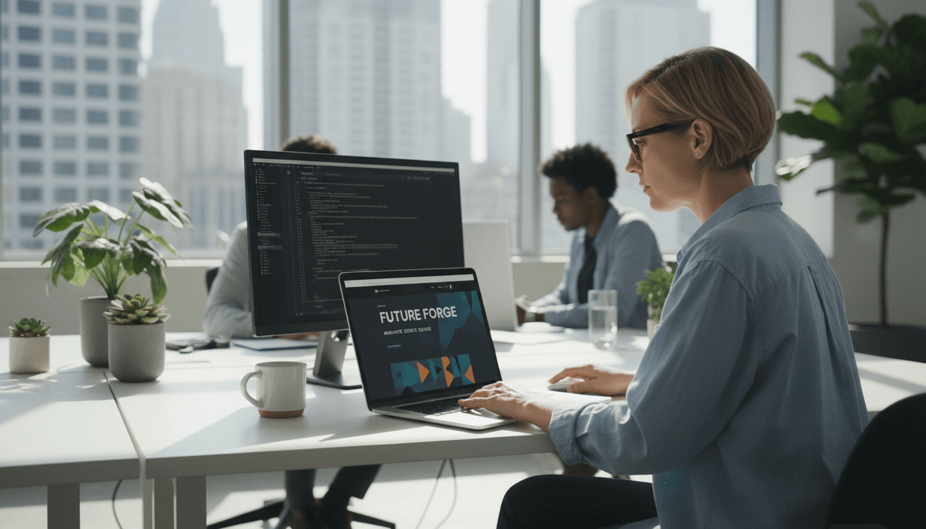 Diseñador web trabajando en una laptop con un diseño de sitio web moderno