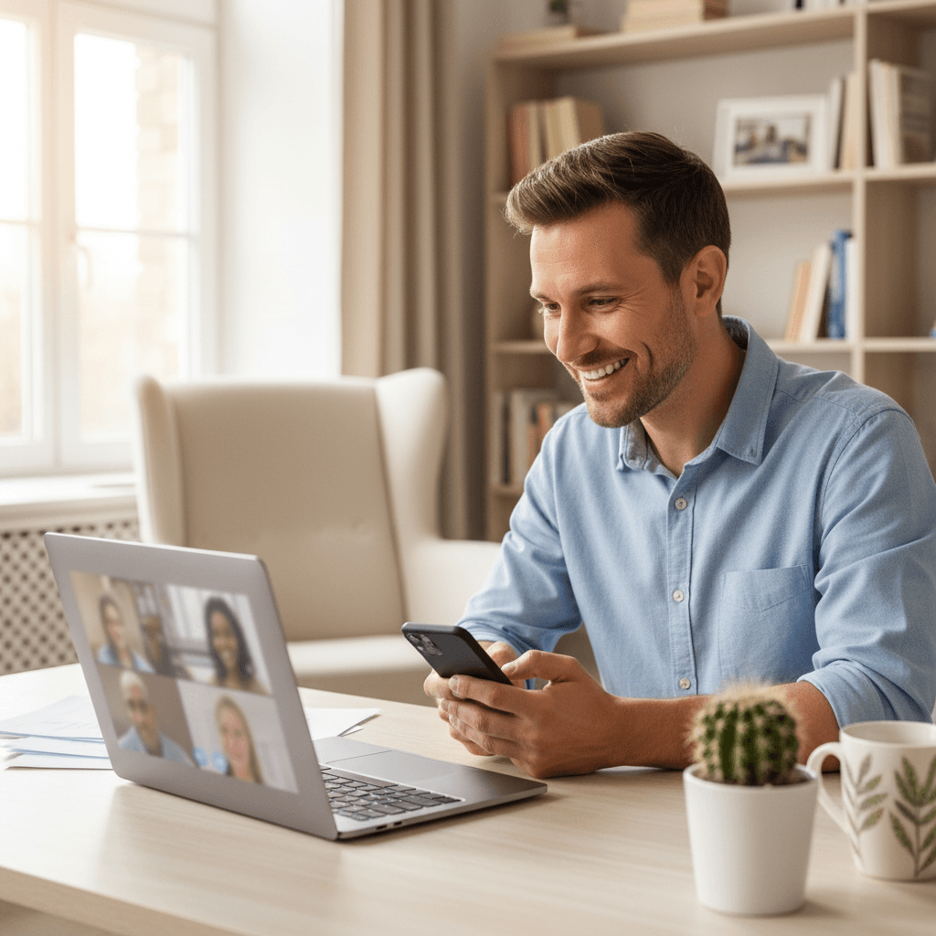 Hombre sonriente atendiendo consultas desde laptop y teléfono en oficina casera
