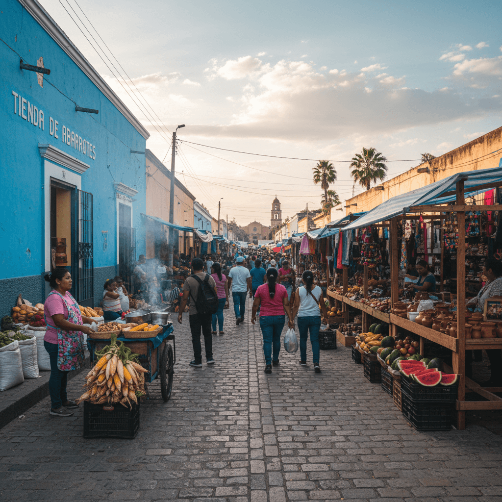 Calle de un pueblo mexicano con comercios locales