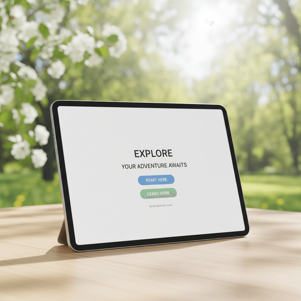 Tablet mostrando un sitio web de una sola página con botones de acción