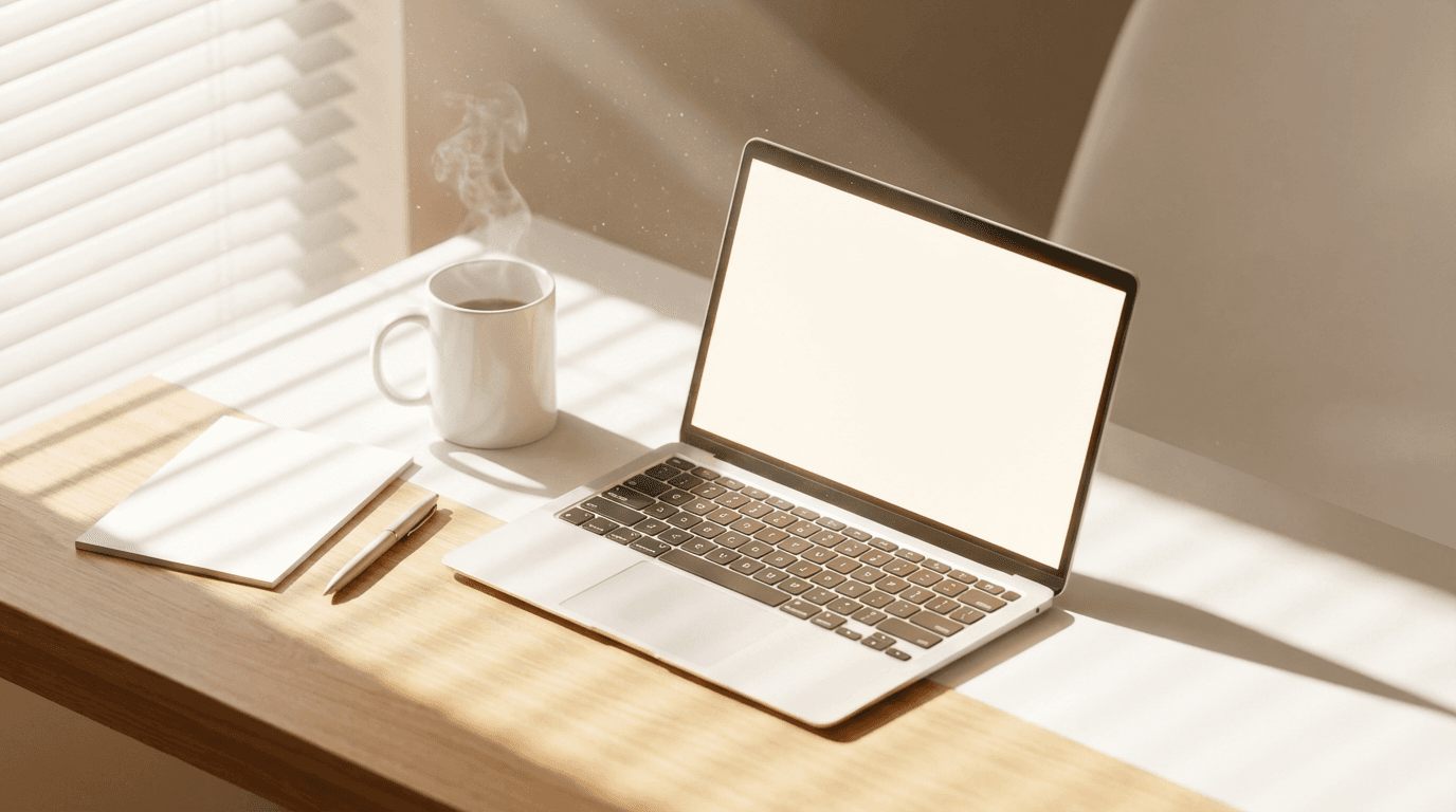 Laptop con diseño web y teléfono con perfil de Google Business en un escritorio