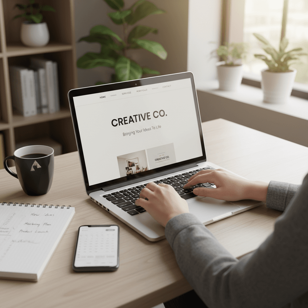 Escritorio con laptop mostrando un diseño de sitio web y un teléfono con una ficha de Google Business