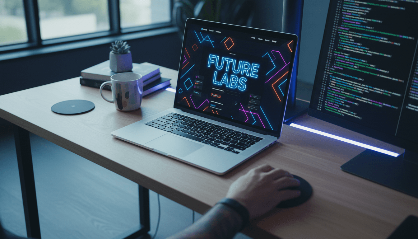 Laptop mostrando el diseño de un sitio web en un escritorio moderno