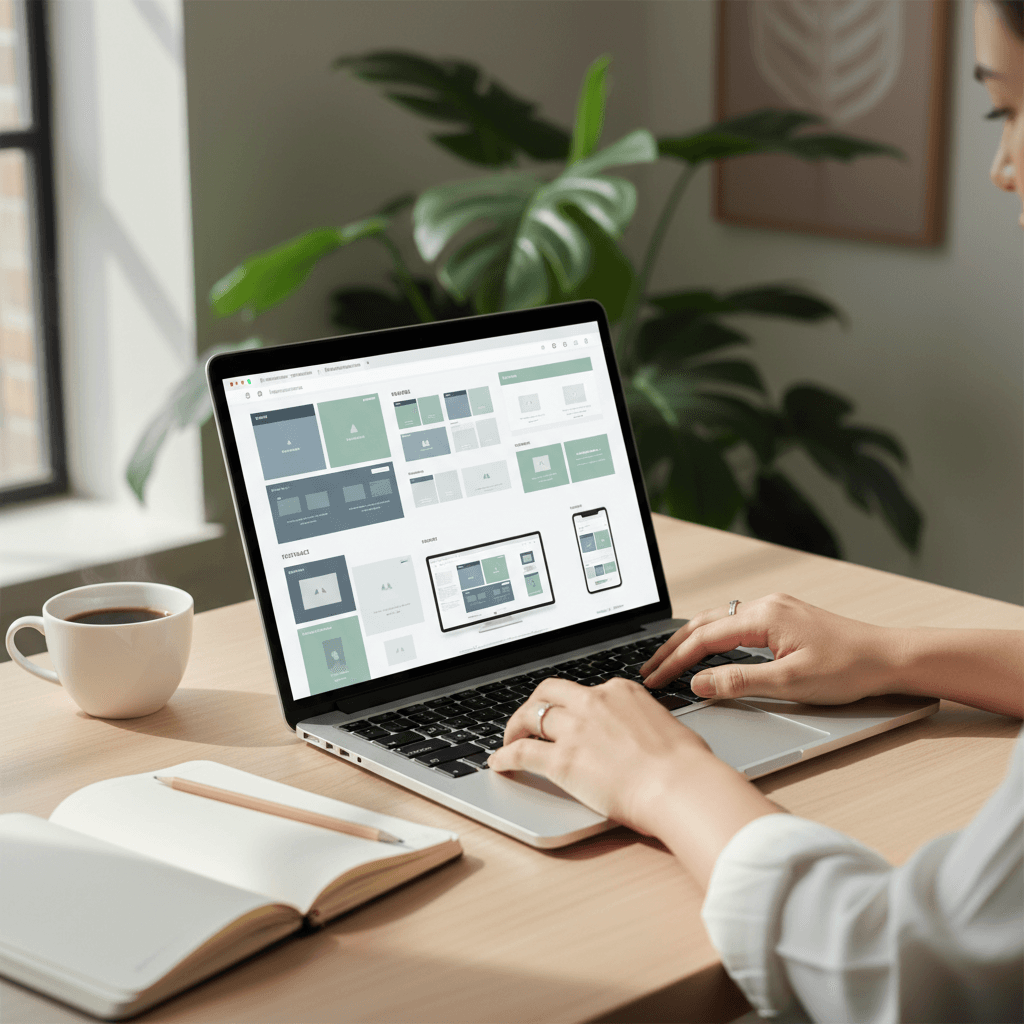 Escritorio moderno con laptop mostrando un diseño de sitio web en pantalla